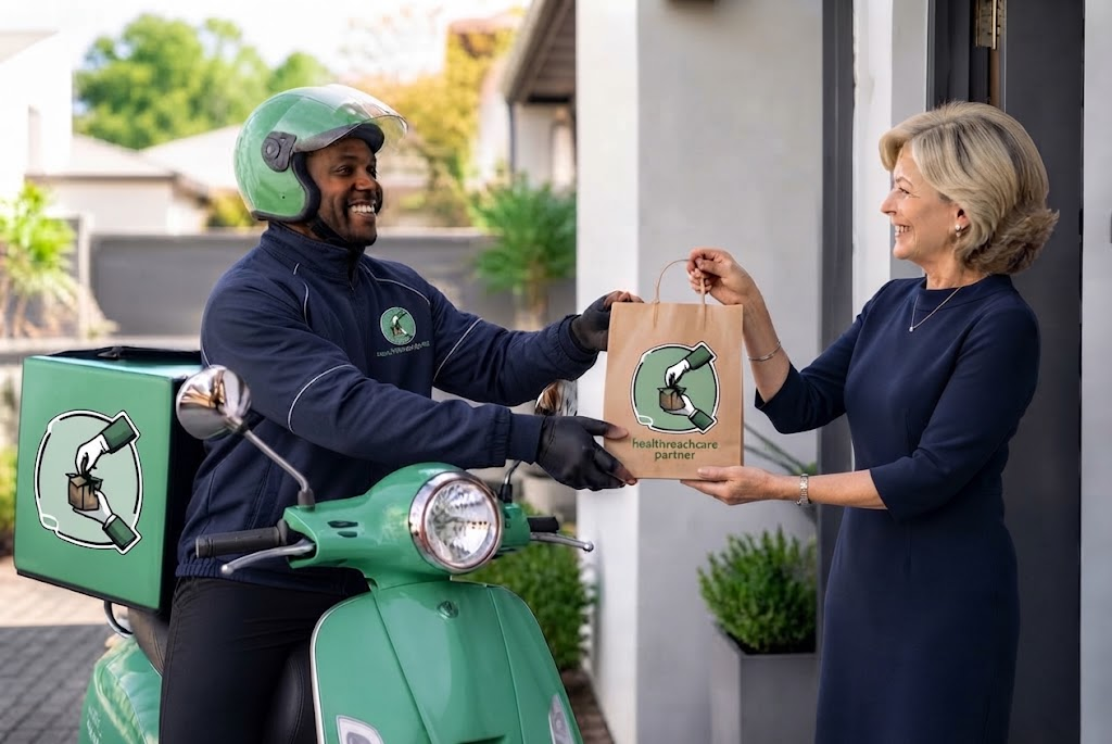 HealthReachCare prescription medication delivery by Black South African driver to White South African female customer at home